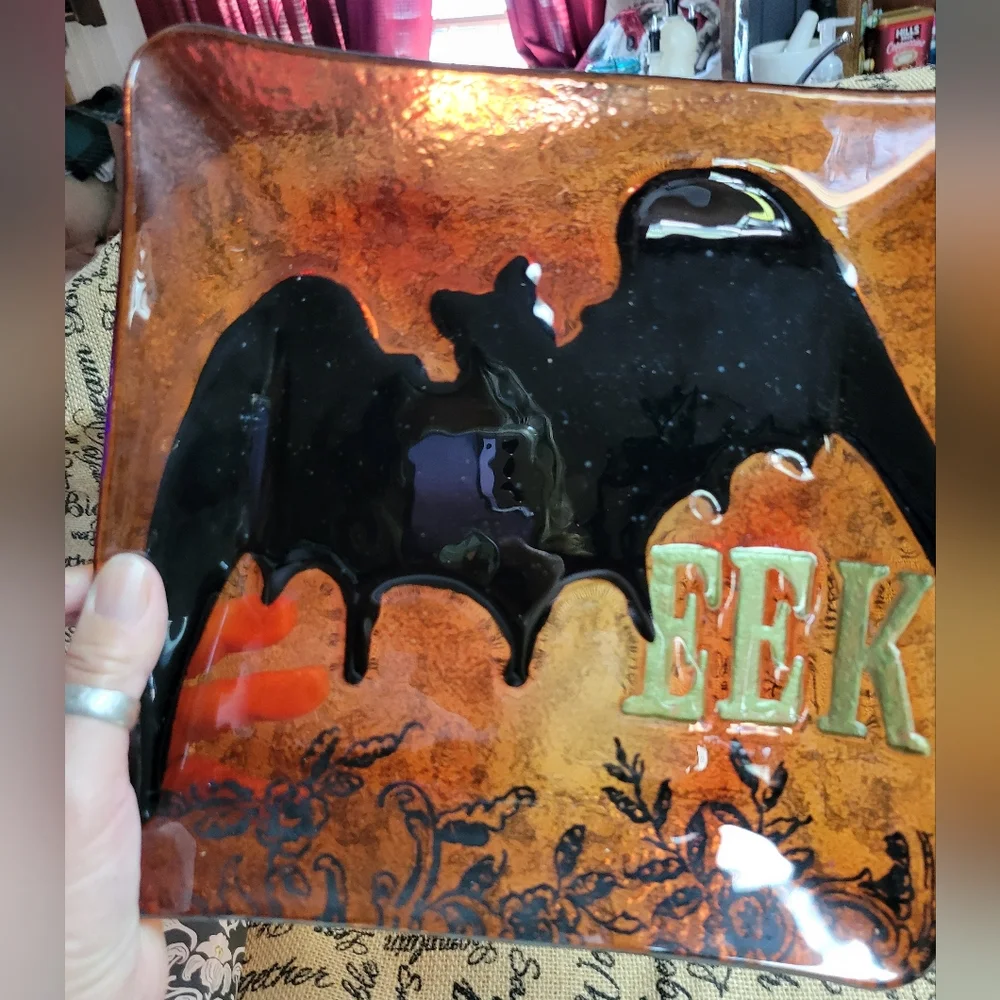 Halloween orange glass 10 × 10 square platter EEK with bat